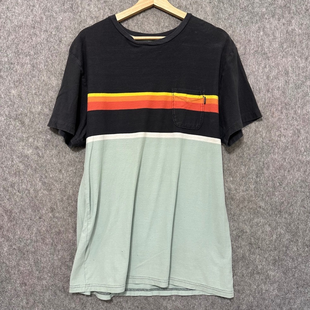 O Neill‎ Mens XL Standard Fit Short Sleeve T Shirt Black Mint Stripe Pocket Tee
